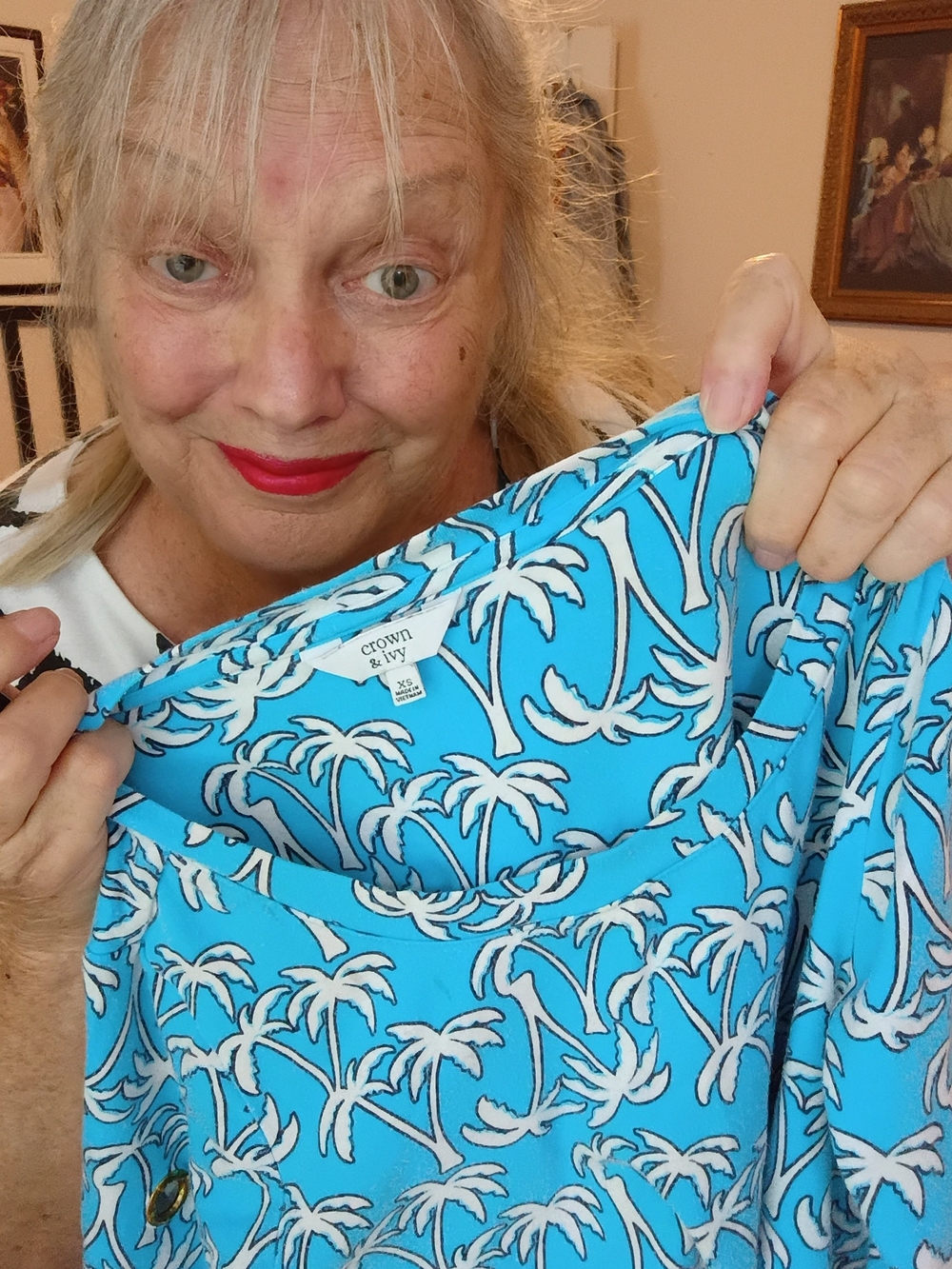 crown & ivy Turquoise Palm-Print Short Sleeve Dress Rivets Sleeves Extra Small - Picture 2 of 7